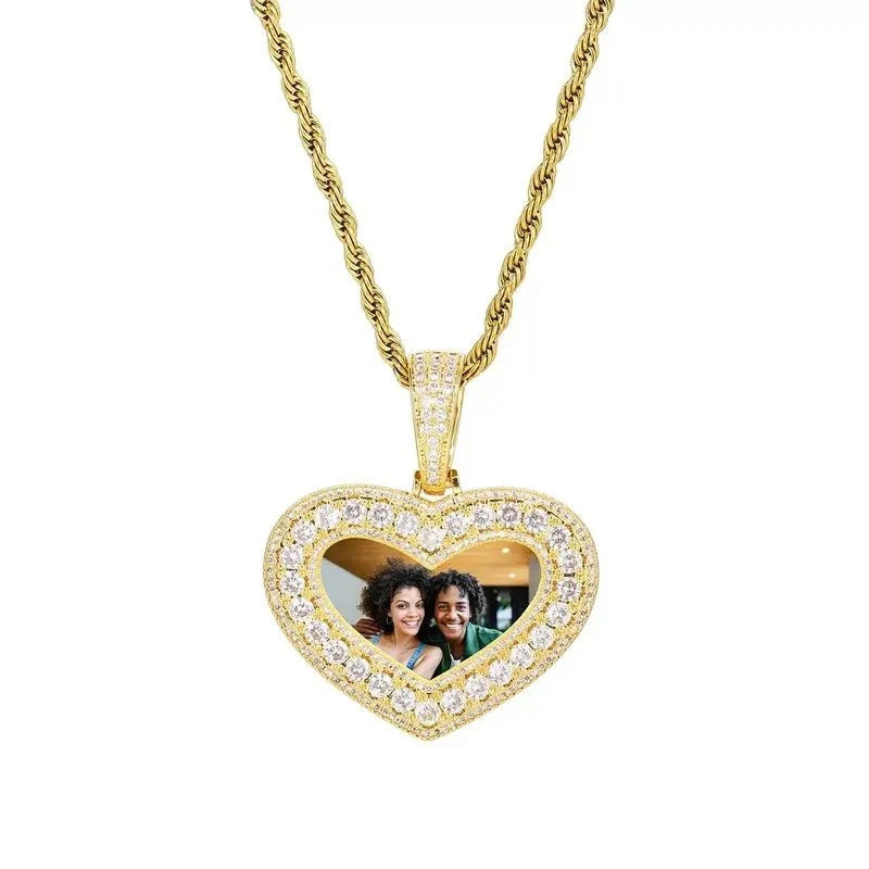 14K White Gold Customized Photo Heart Pendant - 40mm