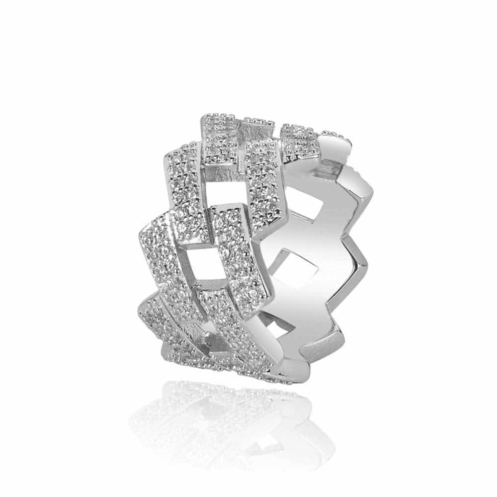 14mm Double-Row Diamond Rhombus Cuban Ring in 18K Gold