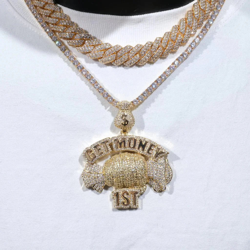 Get Money First Iced Necklace In 18k Gold