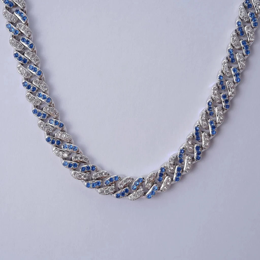 18k White Gold Blue Iced Cuban Chain - 13mm
