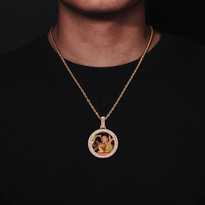 Custom Photo Pink Diamond Round Pendant in 18k Gold - 38mm
