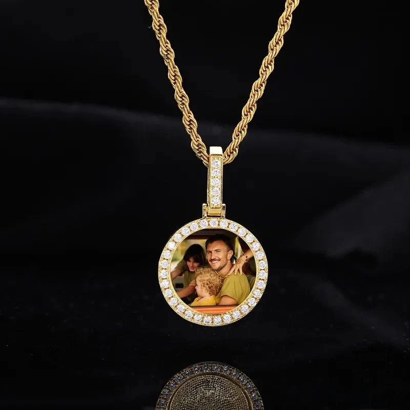 18k Gold Small Custom Photo Micro-Set Round Pendant - 25mm