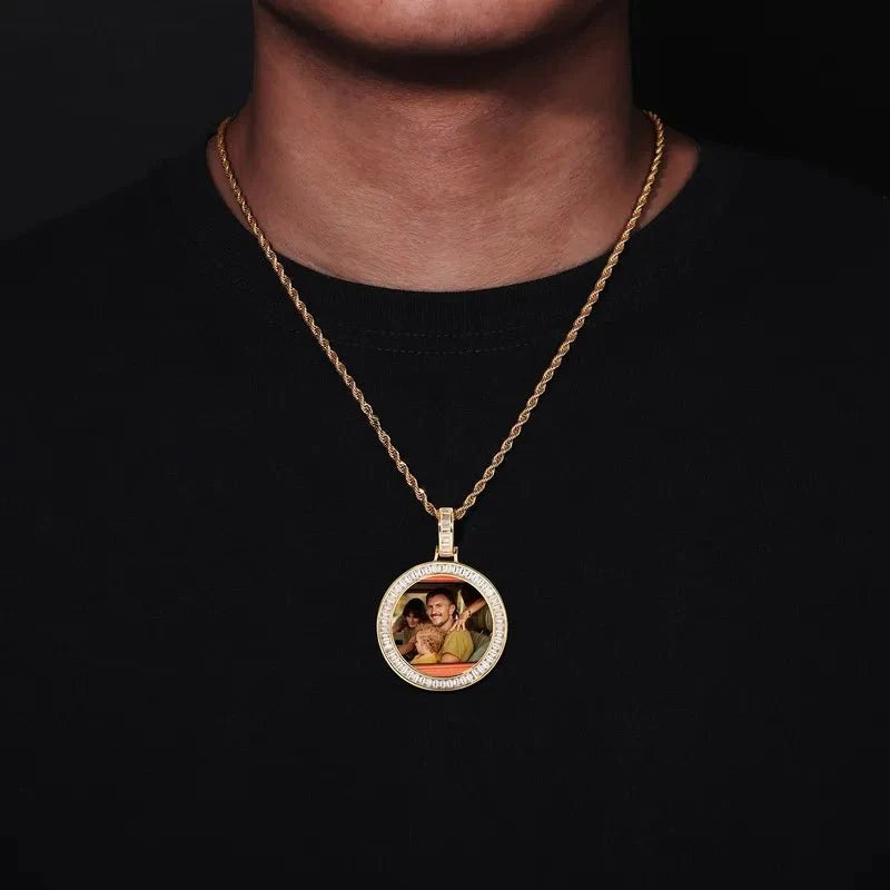 3D Customized Photo T Square Diamond Round Pendant - 38mm