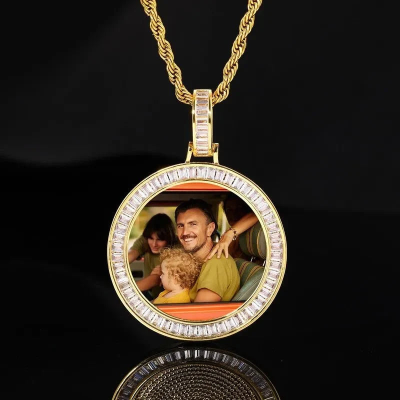 3D Customized Photo T Square Diamond Round Pendant - 38mm