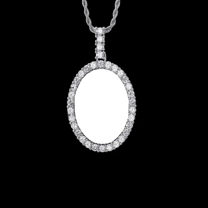 3D New Custom Photo Oval Pendant in White Gold - 38mm