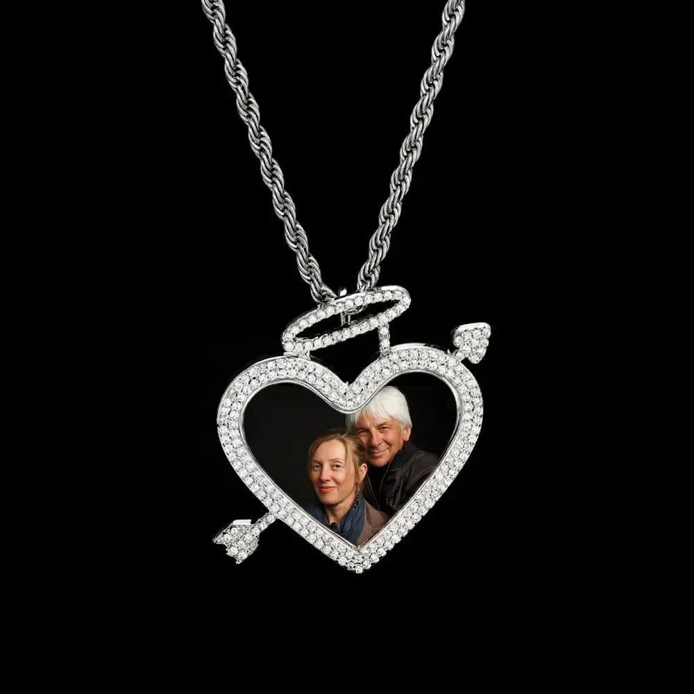 3D Arrow Through Heart Custom Photo Pendant in White Gold - 45mm