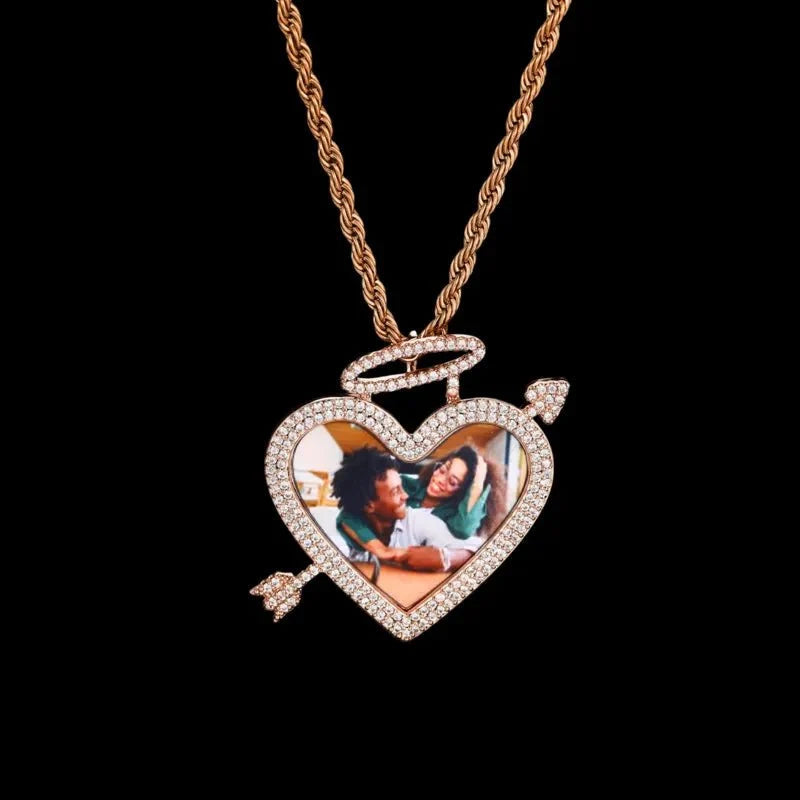 3D Arrow Through Heart Custom Photo Pendant in White Gold - 45mm