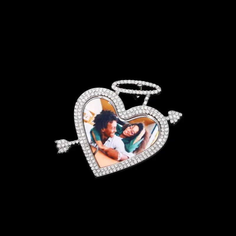 3D Arrow Through Heart Custom Photo Pendant in White Gold - 45mm