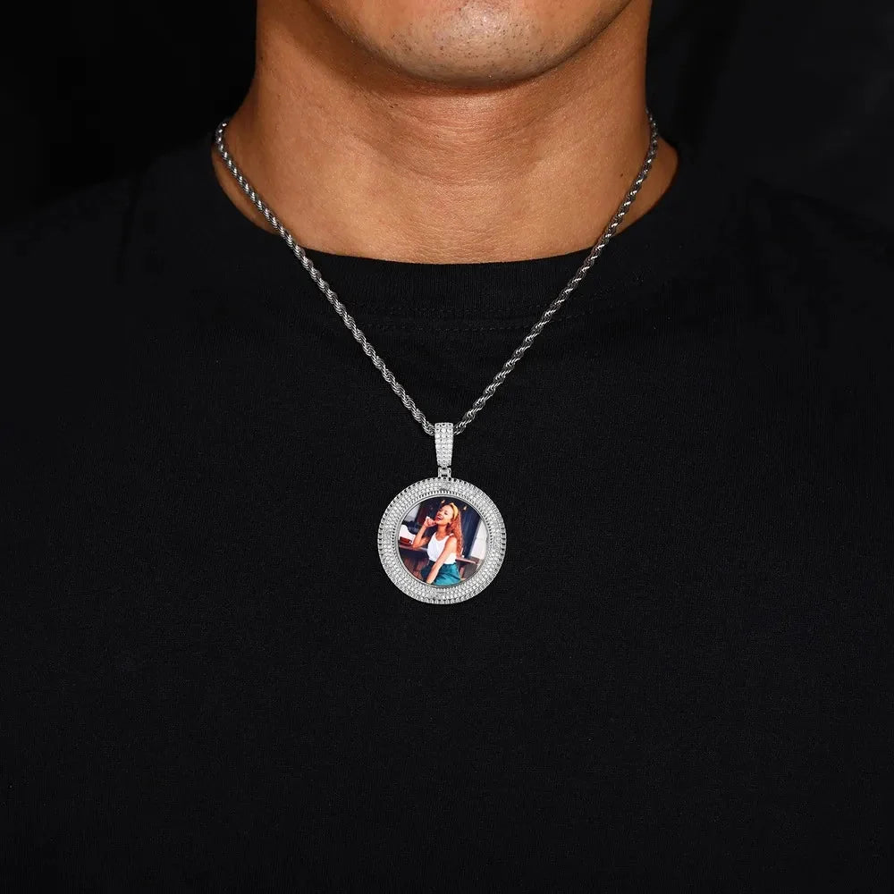 3D Custom Double-Row Diamond Photo Round Pendant - 40mm