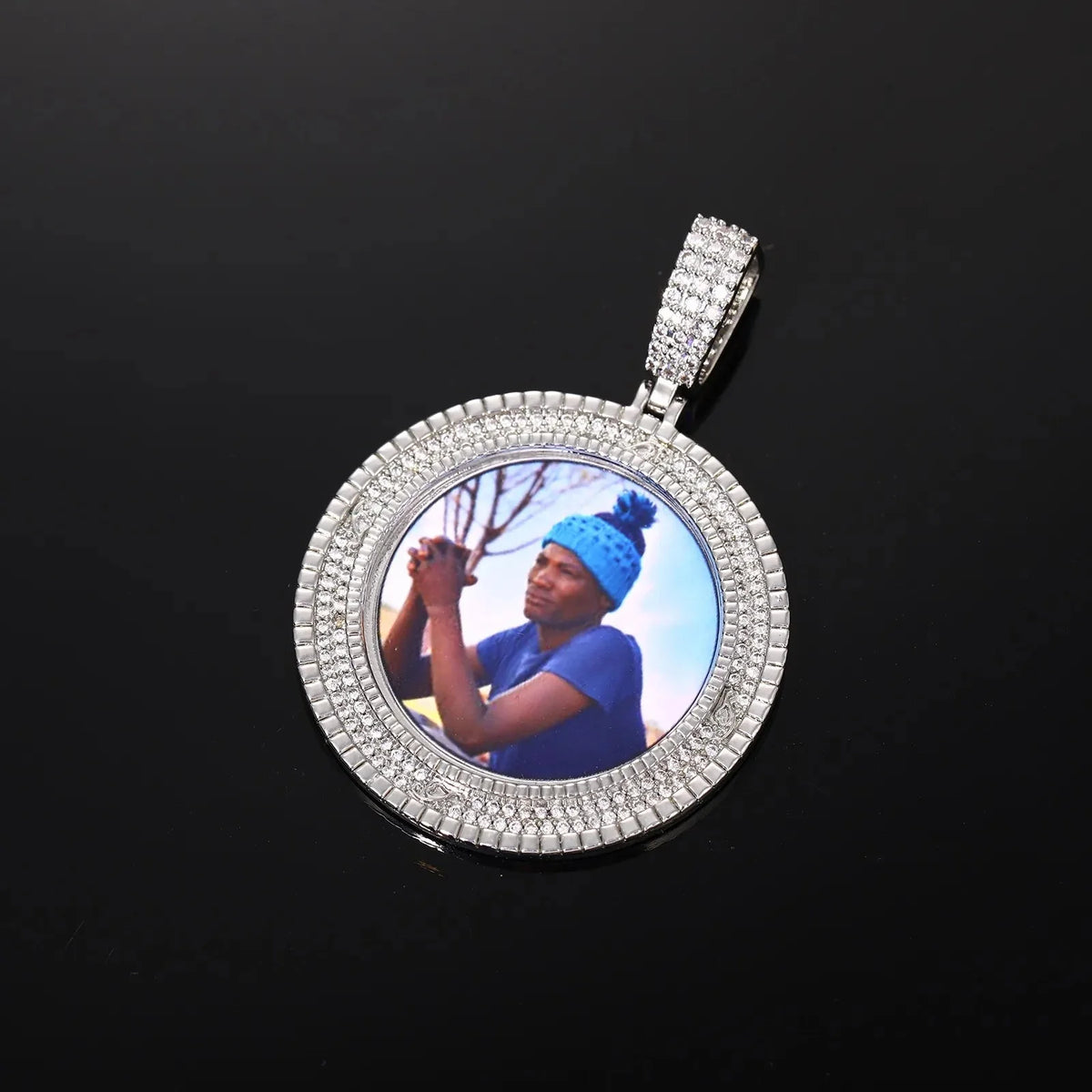 3D Custom Double-Row Diamond Photo Round Pendant - 40mm