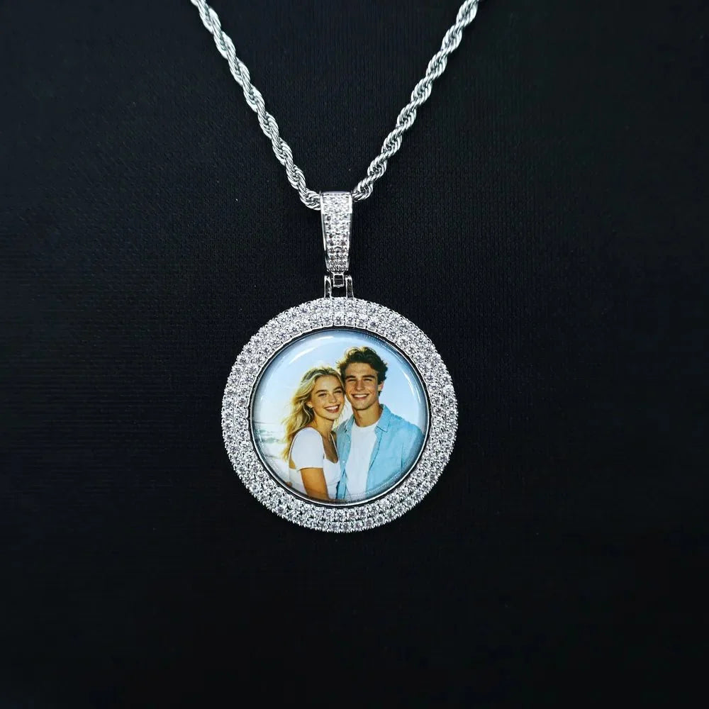 3D Double-Row Diamond-Set Circular Photo Pendant - 42mm
