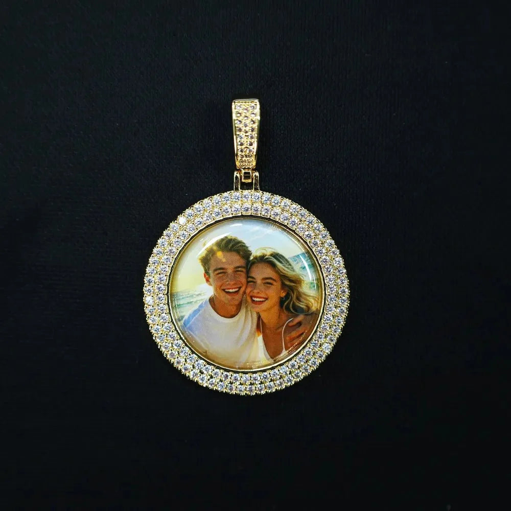 3D Double-Row Diamond-Set Circular Photo Pendant - 42mm