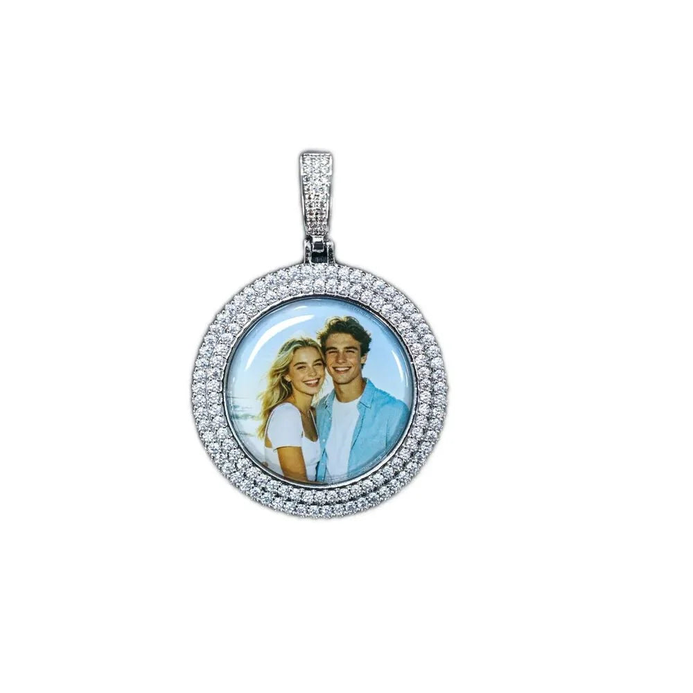 3D Double-Row Diamond-Set Circular Photo Pendant - 42mm