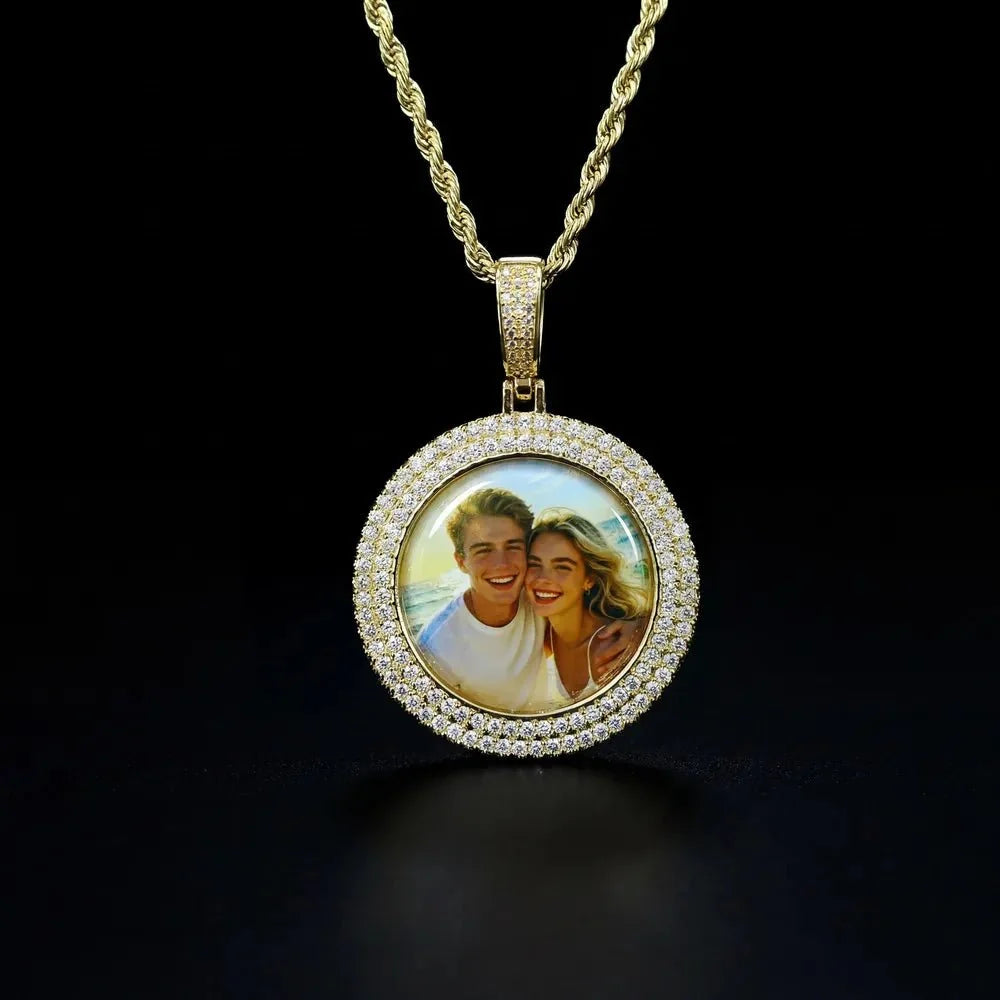 3D Double-Row Diamond-Set Circular Photo Pendant - 42mm