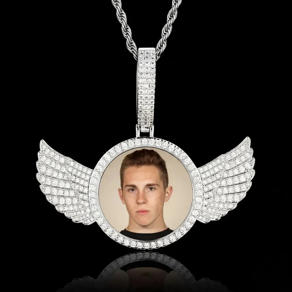 3D Large Buckle Solid Wings Round Custom Photo Pendant - 68mm