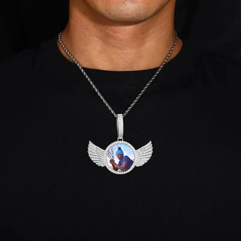 3D Large Buckle Solid Wings Round Custom Photo Pendant - 68mm