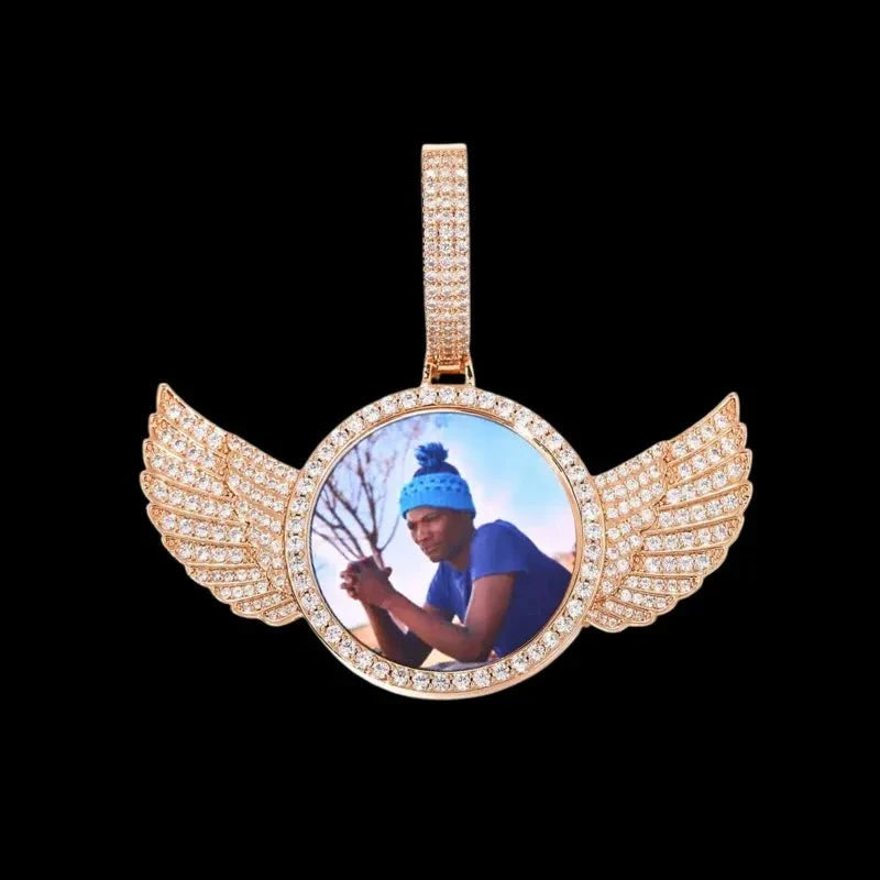 3D Large Buckle Solid Wings Round Custom Photo Pendant - 68mm