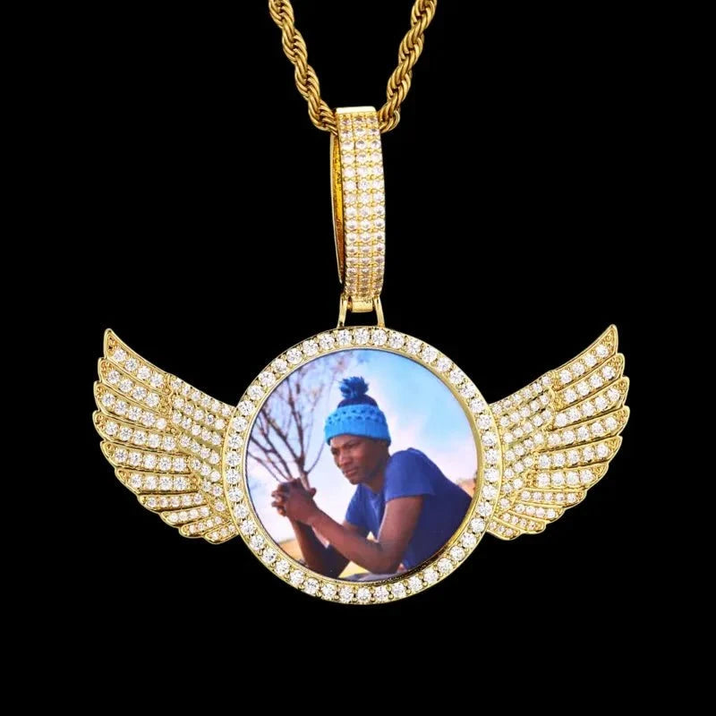 3D Large Buckle Solid Wings Round Custom Photo Pendant - 68mm