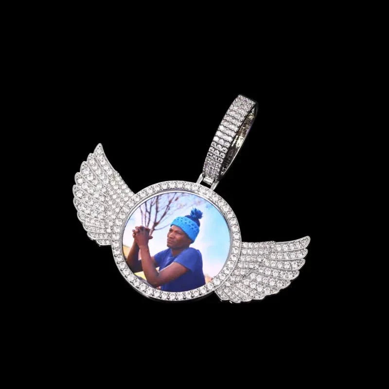 3D Large Buckle Solid Wings Round Custom Photo Pendant - 68mm