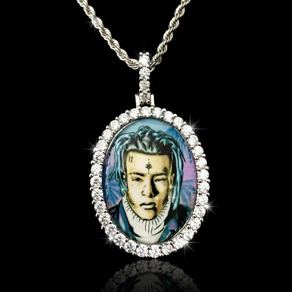 3D Oval Photo Diamond Iced-Out Pendant - 32mm