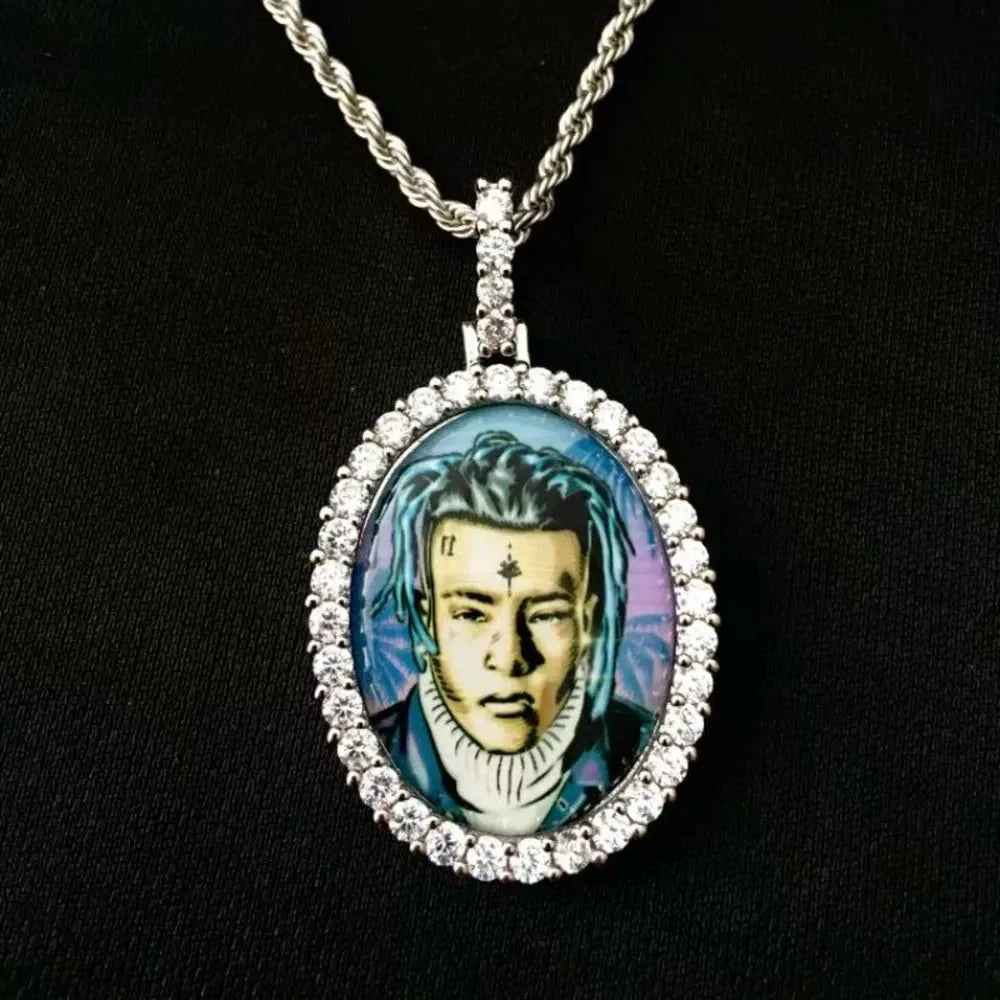 3D Oval Photo Diamond Iced-Out Pendant - 32mm