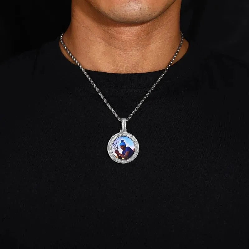 3D Solid Double-Row Micro-Inlaid Custom Photo Round Pendant - 35mm