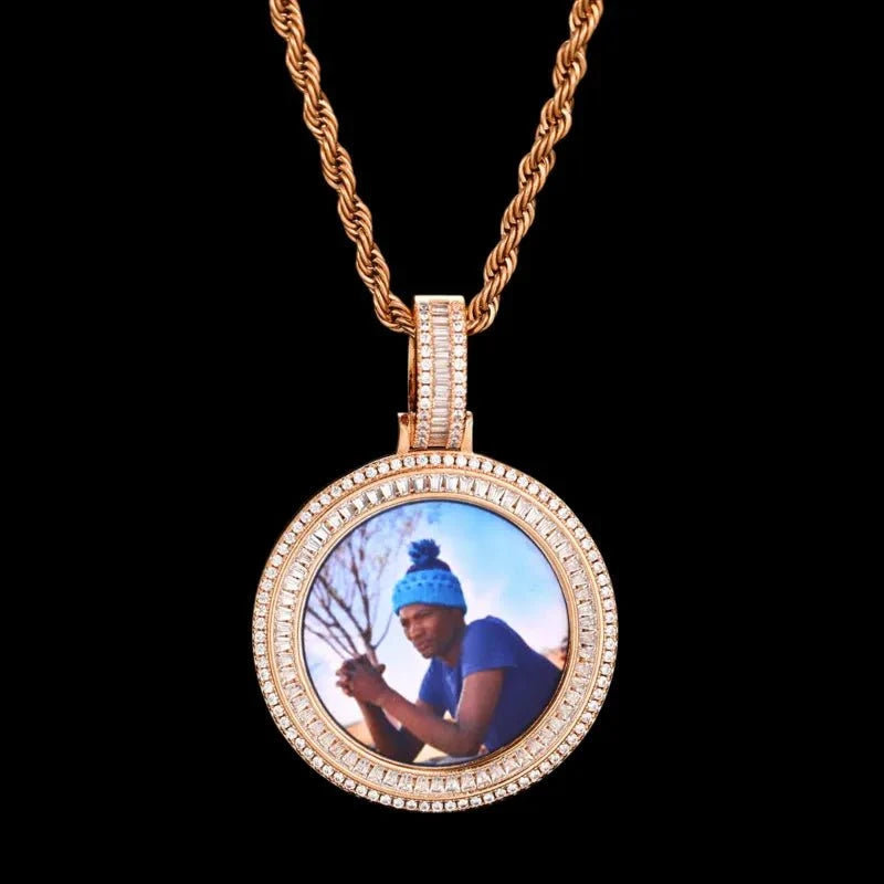 3D Solid Double-Row Micro-Inlaid Custom Photo Round Pendant - 35mm