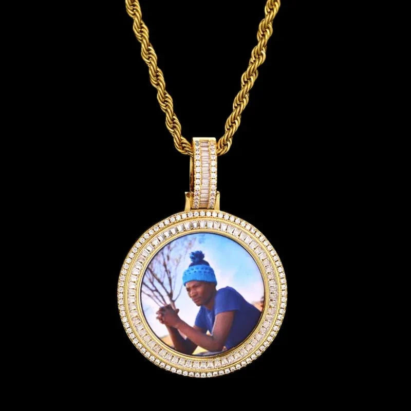 3D Solid Double-Row Micro-Inlaid Custom Photo Round Pendant - 35mm