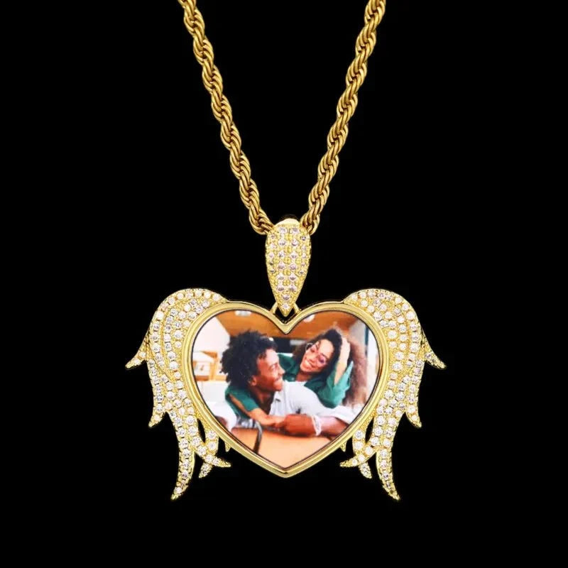 3D Solid Heart and Thorn Wings Custom Photo Round Pendant - 45mm