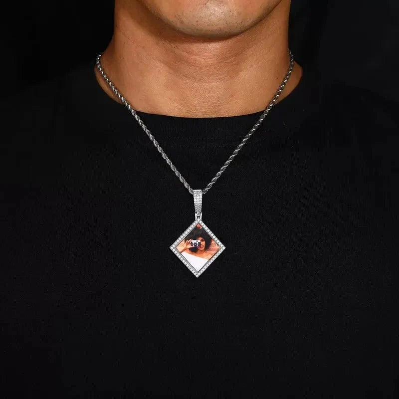 3D Solid Rhombus Custom Photo Pendant in Yellow Gold - 38mm