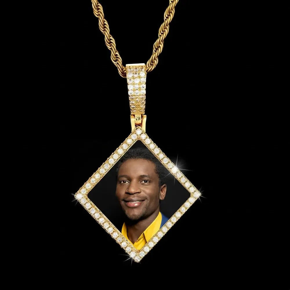 3D Solid Rhombus Custom Photo Pendant in Yellow Gold - 38mm