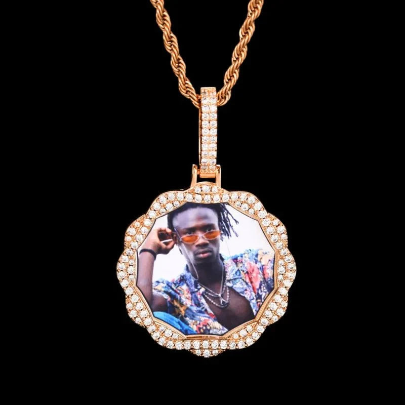 3D Vine Round Solid Custom Photo Pendant in White Gold - 38mm