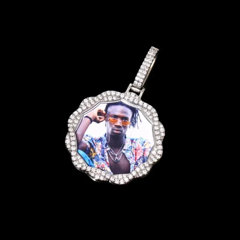 3D Vine Round Solid Custom Photo Pendant in White Gold - 38mm