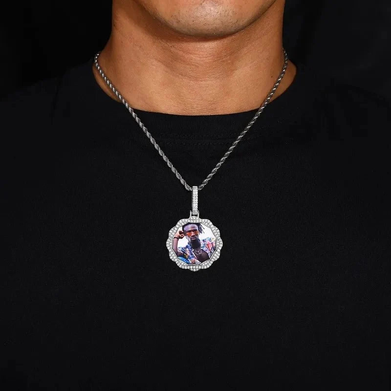 3D Vine Round Solid Custom Photo Pendant in White Gold - 38mm