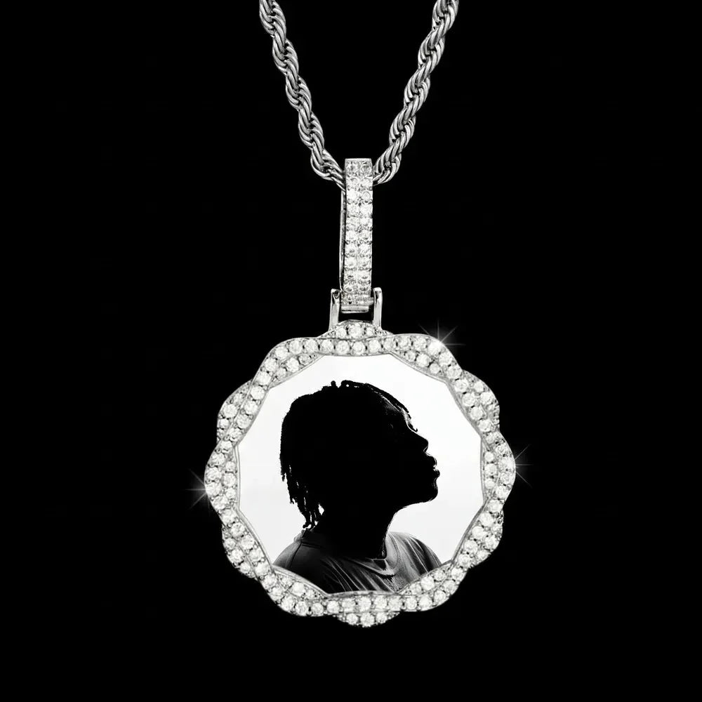 3D Vine Round Solid Custom Photo Pendant in White Gold - 38mm