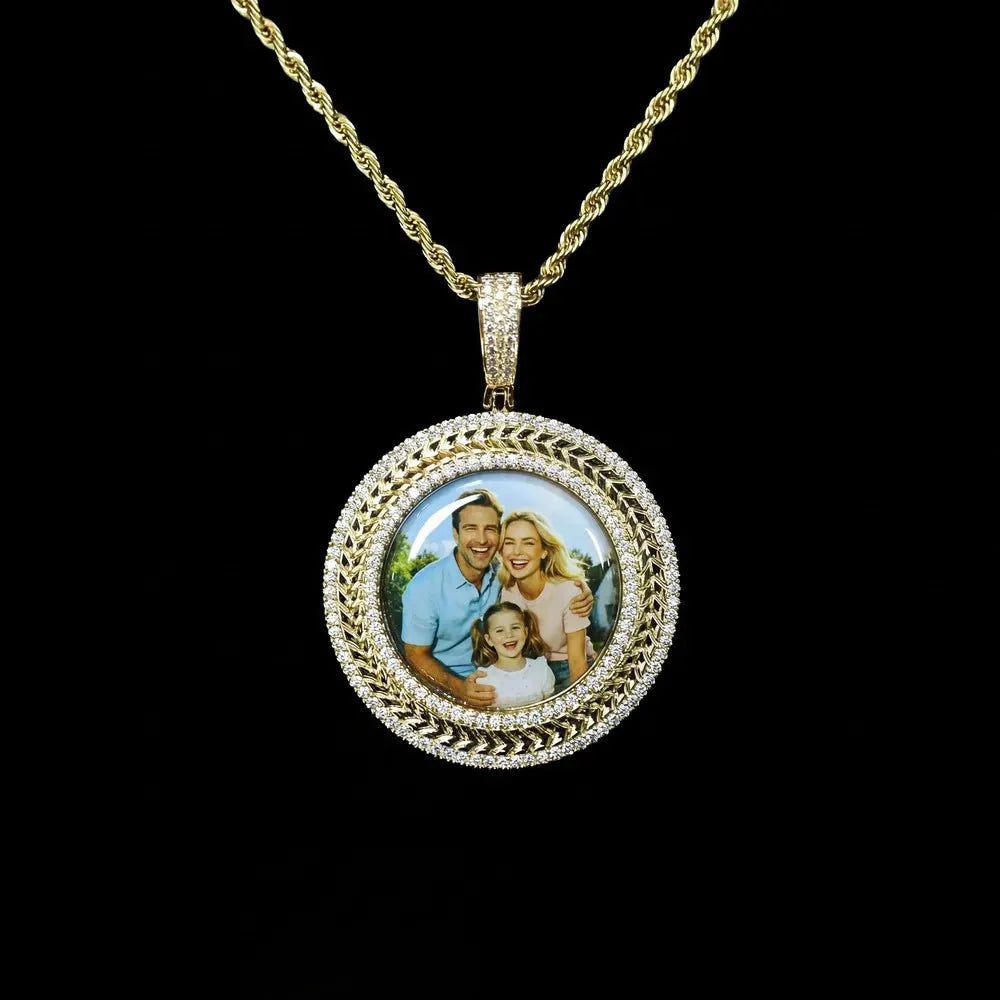 3D Wheat-Ear Double-Row Diamond Round Iced-Out Photo Pendant - 45mm