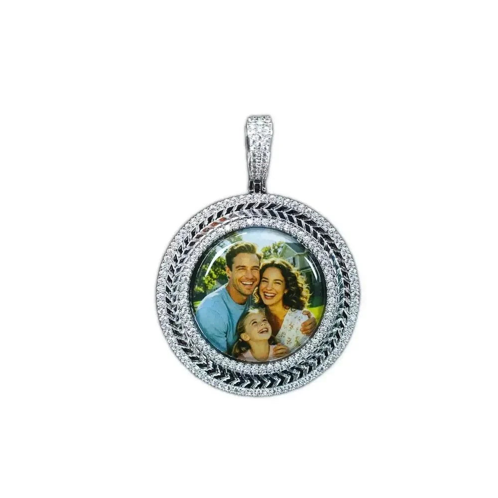 3D Wheat-Ear Double-Row Diamond Round Iced-Out Photo Pendant - 45mm