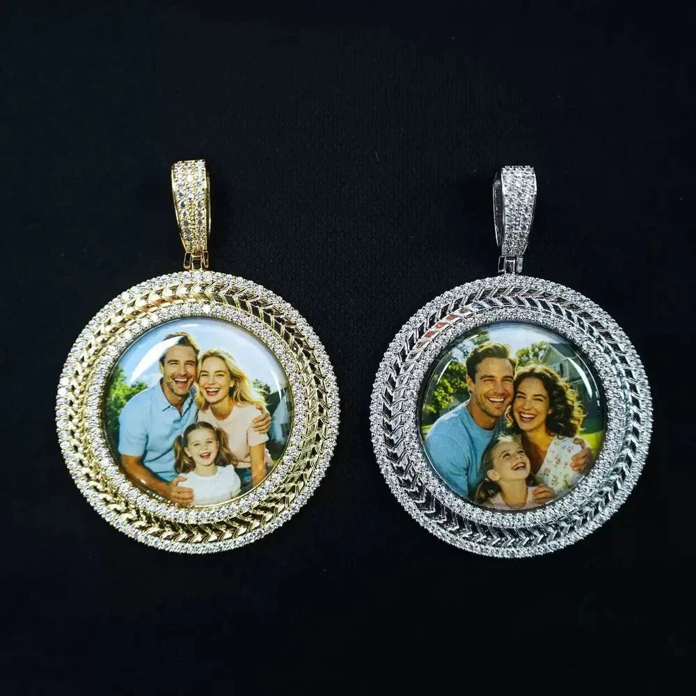 3D Wheat-Ear Double-Row Diamond Round Iced-Out Photo Pendant - 45mm