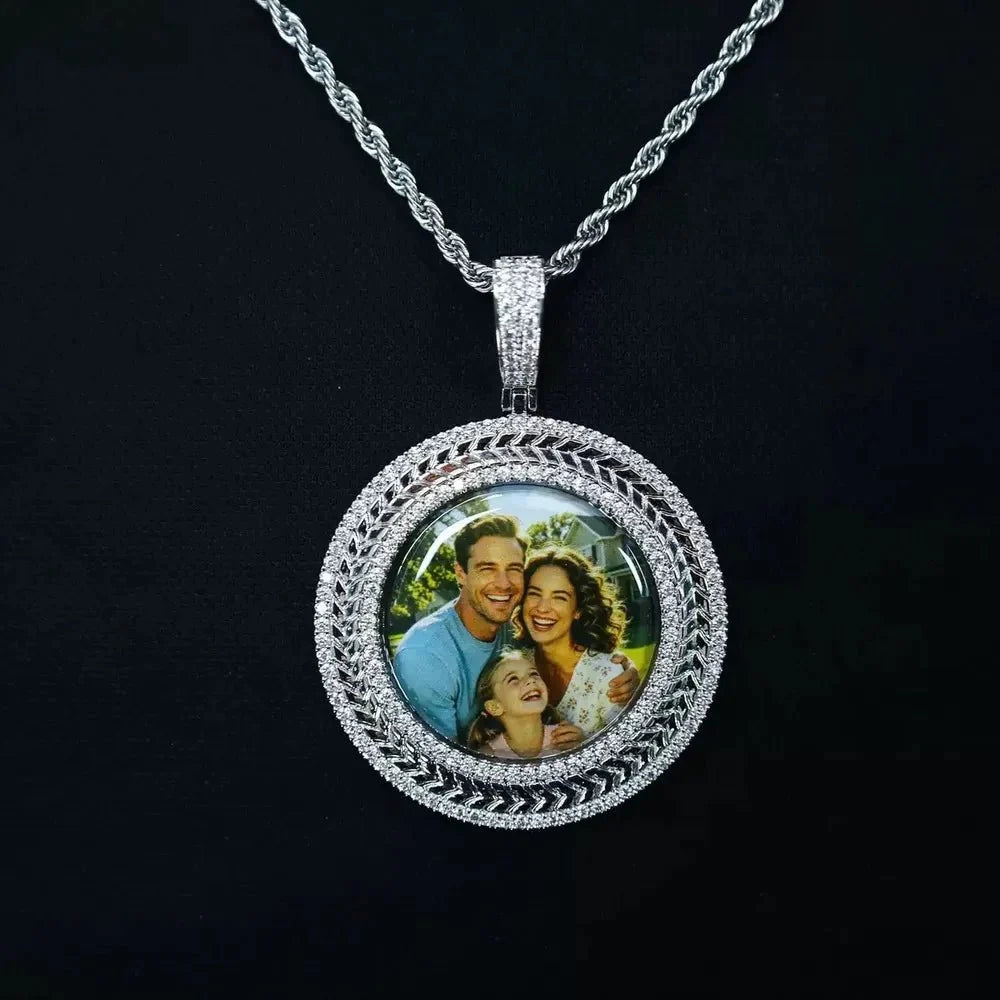 3D Wheat-Ear Double-Row Diamond Round Iced-Out Photo Pendant - 45mm