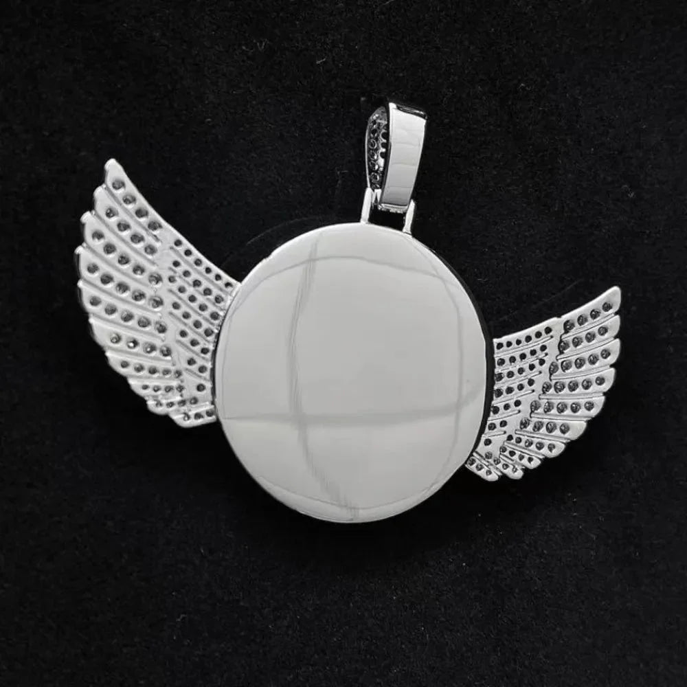 3D Winged Round Photo Diamond Iced-Out Pendant