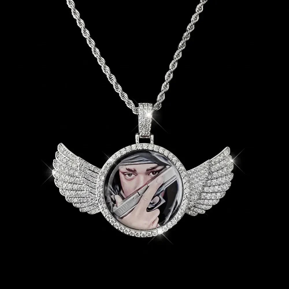 3D Winged Round Photo Diamond Iced-Out Pendant