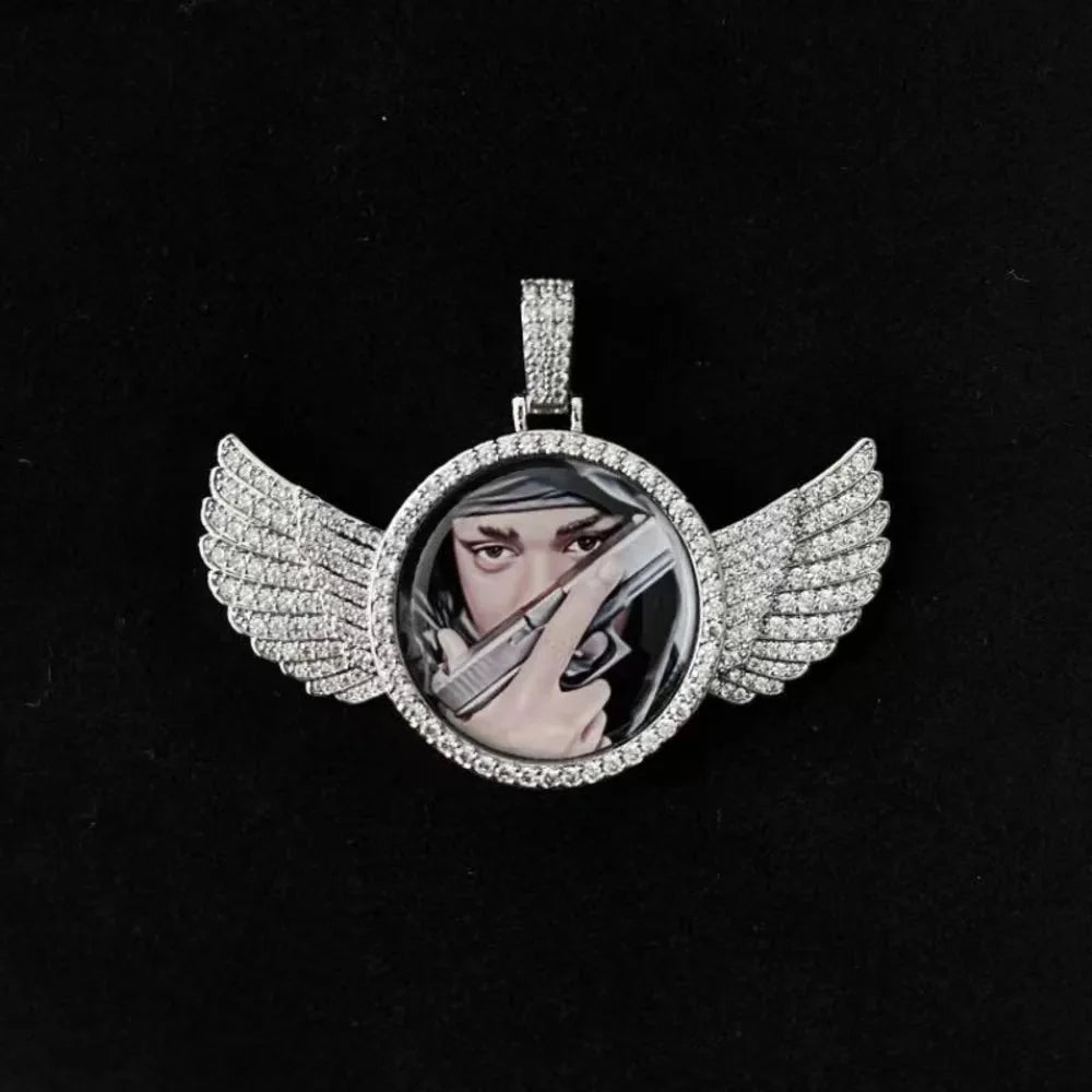 3D Winged Round Photo Diamond Iced-Out Pendant