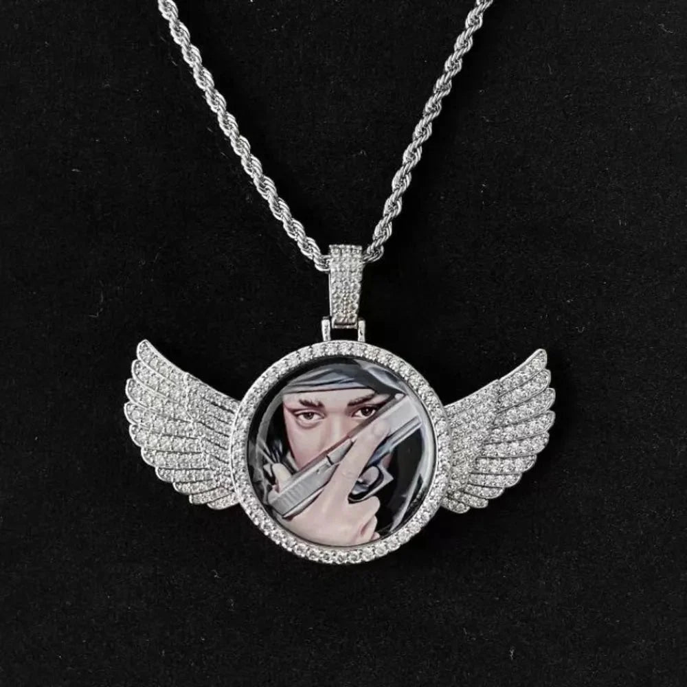 3D Winged Round Photo Diamond Iced-Out Pendant