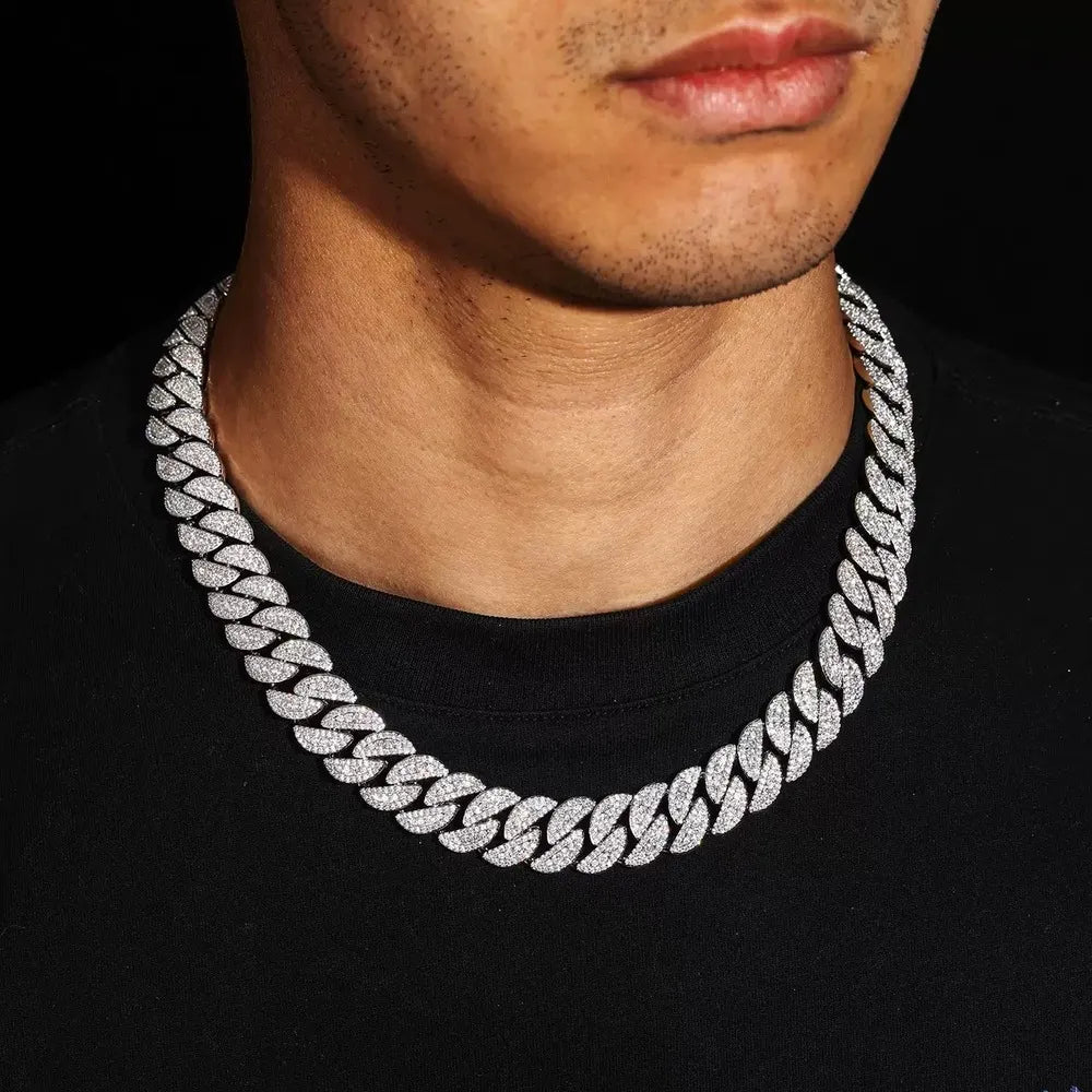 5A Prong Iced Cuban Link Chain in White Gold - 14mm