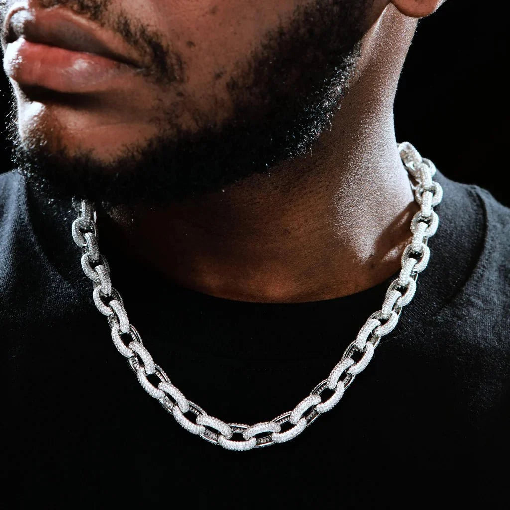 Annular Iced Prong Link Choker in White Gold - 12mm