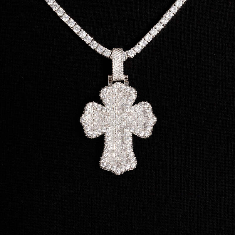 Baguette Cross Pendant in White Gold