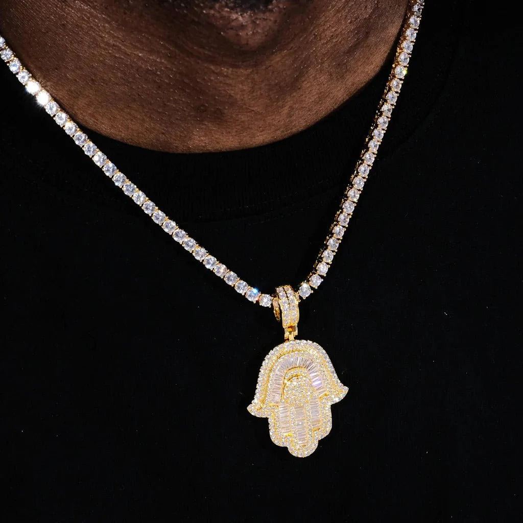 Baguette Hamsa Hand Pendant In White Gold - 35MM