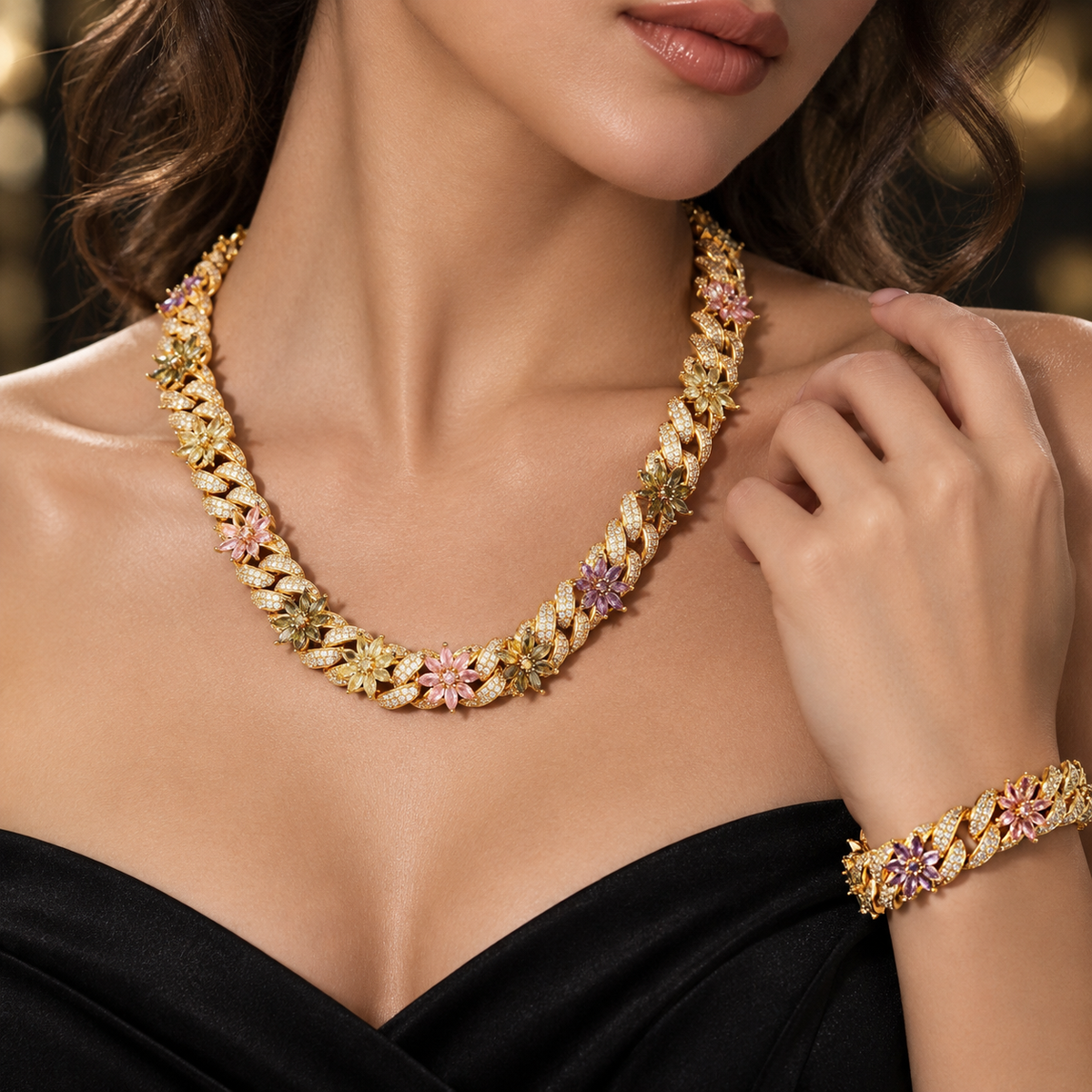 AURXYA Iced Flower Cuban Bracelet