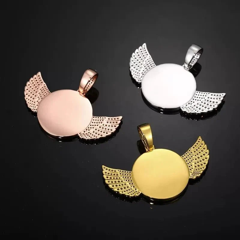 18k Gold Custom Photo Round Wing Pendant - 67mm