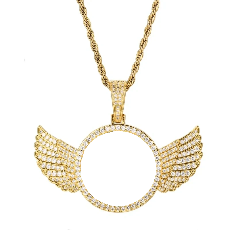 18k Gold Custom Photo Round Wing Pendant - 67mm